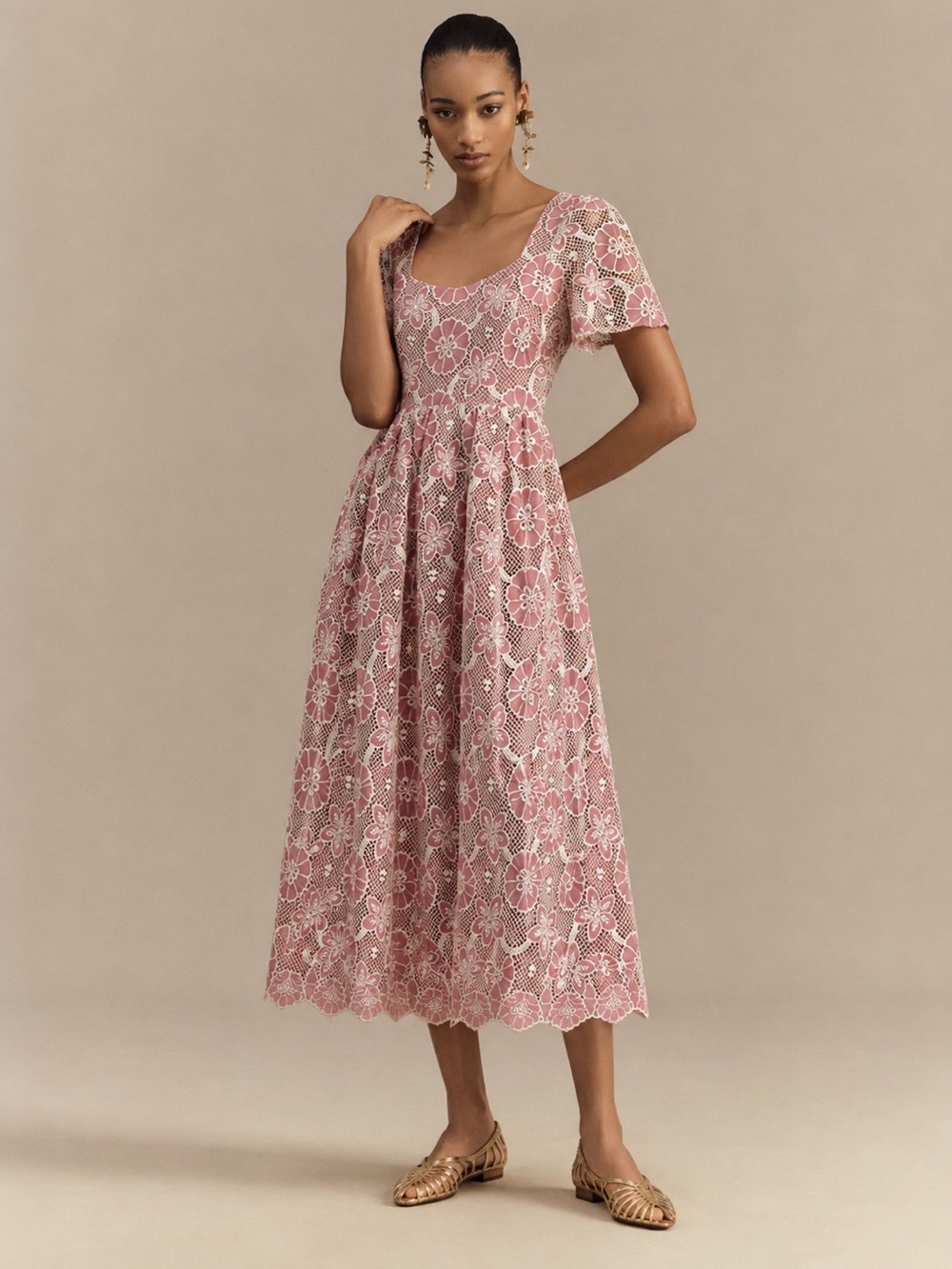 New Boutique Just Me Floral Dusty Rose Pink Embroidered Midi Dress Medium
